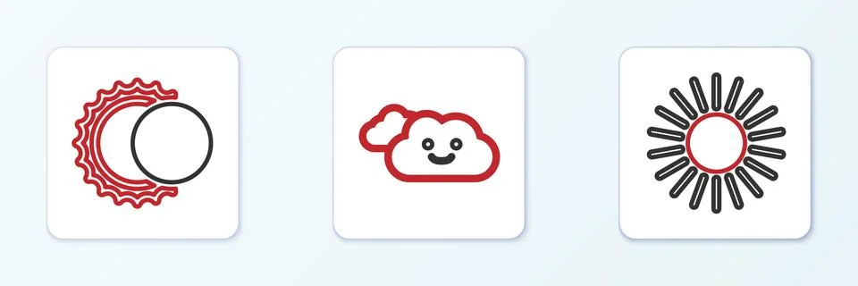 Set line Sun, Eclipse of the sun and Cloud icon. Vector Illustrazione stock