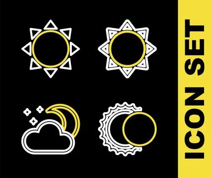 Set line Sun, Eclipse of the sun, Cloud with moon and stars and icon. Vector Ilustração Stock
