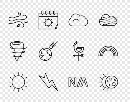 Set line Sun, Eclipse of the sun, Cloud, Lightning bolt, Wind, Comet fallin.. 스톡 일러스트
