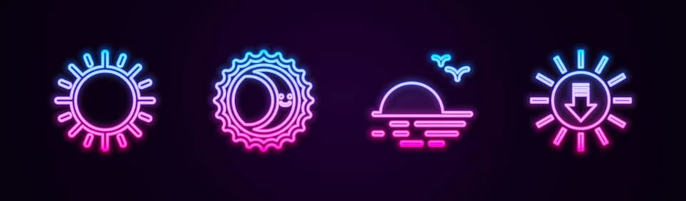 Set line Sun, Eclipse of the sun, Sunset and . Glowing neon icon. Vector Stock Illustration