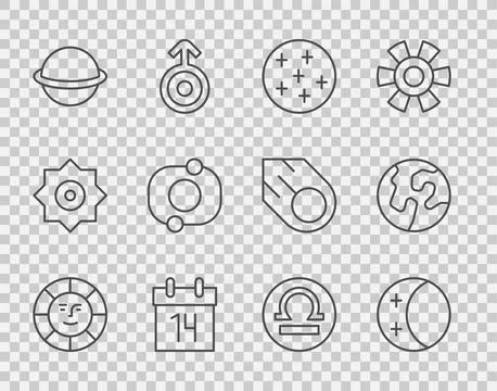 Set line Sun, Eclipse of the sun, Full moon, Calendar, Planet Saturn, Solar.. Ilustração Stock
