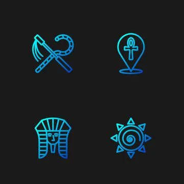 Set line Sun, Egyptian pharaoh, Crook and flail and Cross ankh. Gradient co.. Stockillustratie