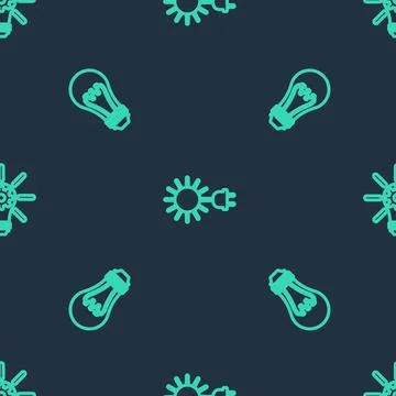 Set line Sun with electric plug, Light bulb and gear on seamless pattern. Vec Illustrazione stock