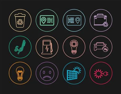 Set line Sun with electric plug, Hydrogen car, Address book, Electric charg.. Stock-Illustration
