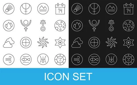 Set line Sun, Falling star, Full moon, Earth element, Symbol Pluto, Water drop Stock Illustration