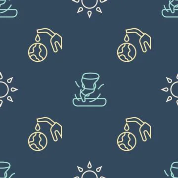 Set line Sun, Gas pump nozzle and globe and Tornado on seamless pattern. Vector Stock Illustration