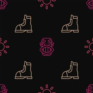 Set line Sun, Hunter boots and Mexican mayan or aztec mask on seamless patt.. Stock Illustration