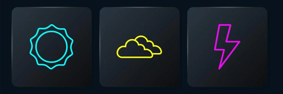 Set line Sun, Lightning bolt and Cloud. Black square button. Vector Stock Illustration