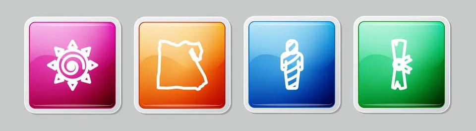 Set line Sun, Map of Egypt, mummy and Papyrus scroll. Colorful square button Illustrazione stock