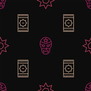 Set line Sun, Mexican carpet and wrestler on seamless pattern. Vector Stock Illustration
