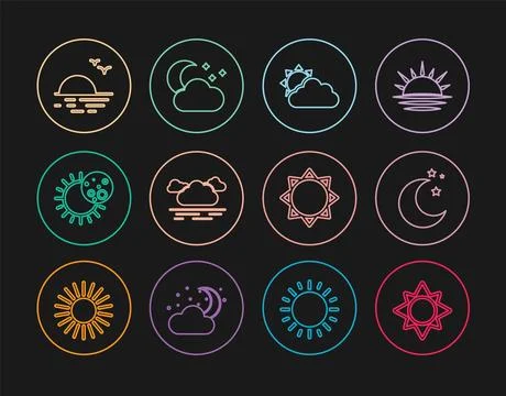 Set line Sun, Moon and stars, cloud weather, Cloud, Eclipse of sun, Sunset, and Ilustração Stock