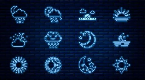 Set line Sun, Moon and stars, Sunset, Cloud with rain, moon,  and  icon. Vect Stock Illustration