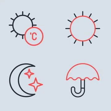 Set line Sun, Moon and stars, Umbrella and  icon. Vector Illustration