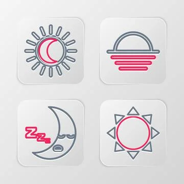 Set line Sun, Moon icon, Sunset and Eclipse of the sun icon. Vector Illustrazione stock