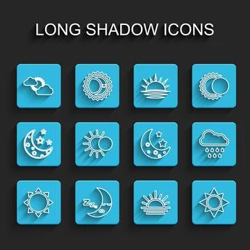 Set line Sun, Moon icon, and cloud weather, Sunset, Eclipse of sun, Cloud w.. Ilustração Stock