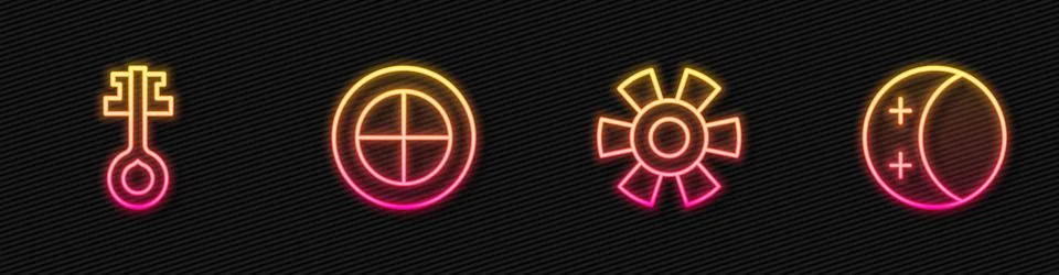 Set line Sun Old magic key Earth globe and Eclipse of the sun. Glowing neon i 스톡 일러스트