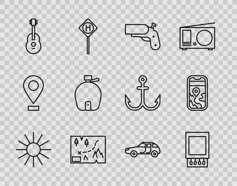 Set line Sun, Open matchbox and matches, Flare gun pistol, Folded map with Illustrazione stock