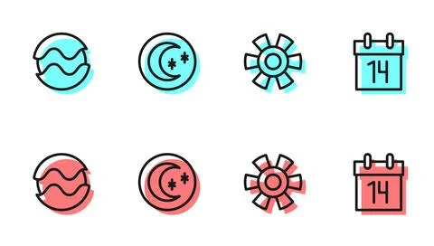 Set line Sun, Planet, Moon and stars and Calendar icon. Vector Ilustração Stock