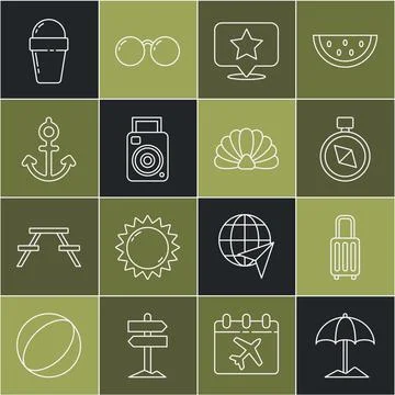 Set line Sun protective umbrella for beach, Suitcase, Compass, Map pointer with Stock Illustration