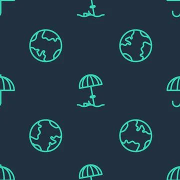 Set line Sun protective umbrella for beach, Earth globe and Umbrella on seamless 스톡 일러스트