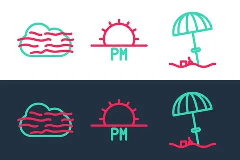 Set line Sun protective umbrella for beach, Fog and cloud and Sunset icon Stock Illustration