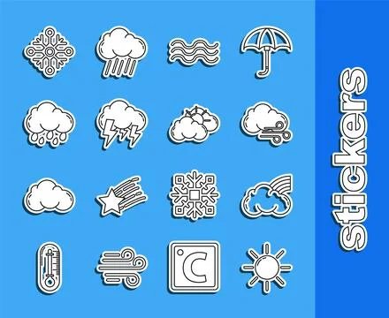 Set line Sun, Rainbow with clouds, Windy weather, Waves, Storm, Cloud rain Stock Illustration