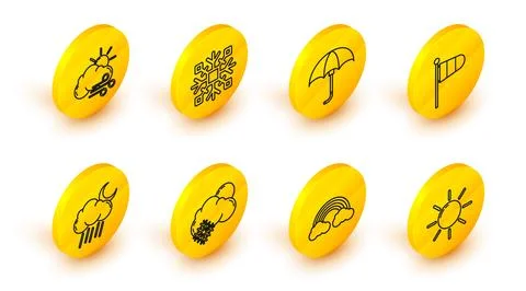 Set line Sun, Rainbow with clouds, Cloud snow and sun, rain moon, Cone mete.. Stock-Illustration