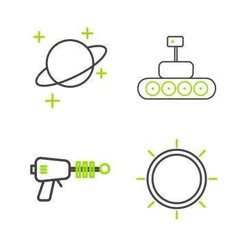 Set line Sun, Ray gun, Mars rover and Planet icon. Vector Stock Illustration