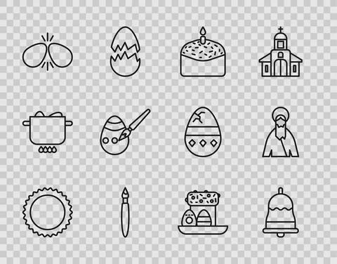 Set line Sun, Ringing bell, Easter cake and candle, Paint brush, eggs, paint Ilustración de archivo
