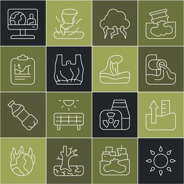 Set line Sun, Rise in water level, Wastewater, Storm, Say no plastic bags poster Stock Illustration