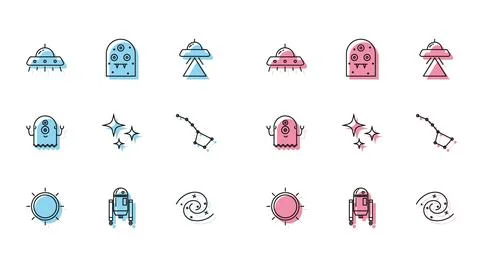 Set line Sun, Robot, UFO flying spaceship, Black hole, Falling star, Great Bear 库存插图