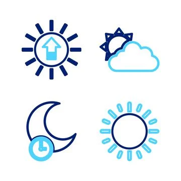 Set line Sun, Sleeping moon, and cloud weather and Sunset icon. Vector Ilustração Stock