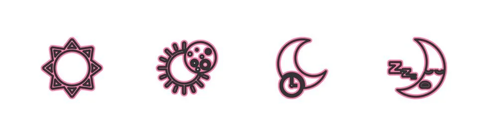 Set line Sun, Sleeping moon, Eclipse of the sun and Moon icon icon. Vector Ilustração Stock