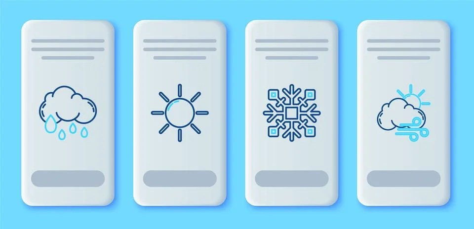 Set line Sun, Snowflake, Cloud with rain and Windy weather icon. Vector Illustrazione stock