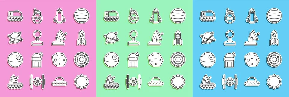 Set line Sun, Solar system, Rocket ship, Joystick, Satellites orbiting the Stock Illustration