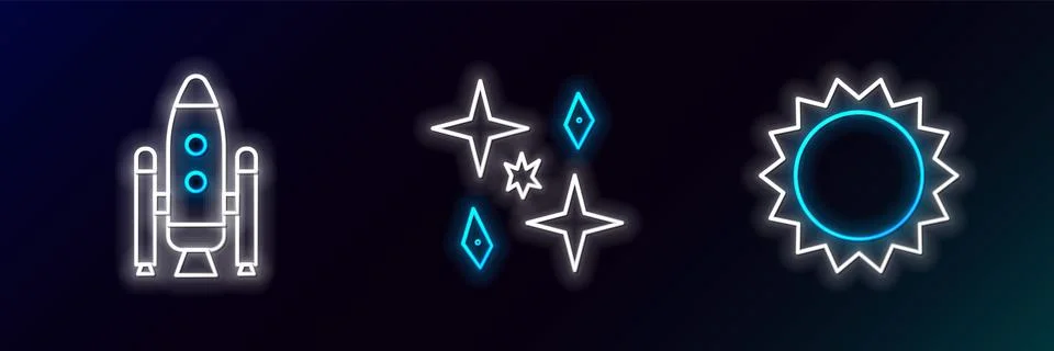 Set line Sun, Space shuttle and rockets and Planet icon. Glowing neon. Vector Stock Illustration