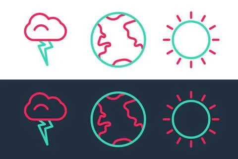 Set line Sun, Storm and Earth globe icon. Vector Illustrazione stock