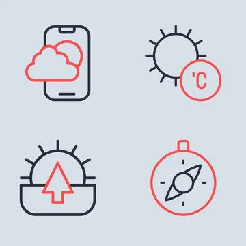 Set line Sun, Sunrise, Compass and Weather forecast app icon. Vector Stock Illustration