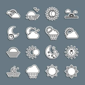 Set line Sun, Sunset, and cloud weather, Eclipse of sun, Cloud with moon stars Ilustração Stock