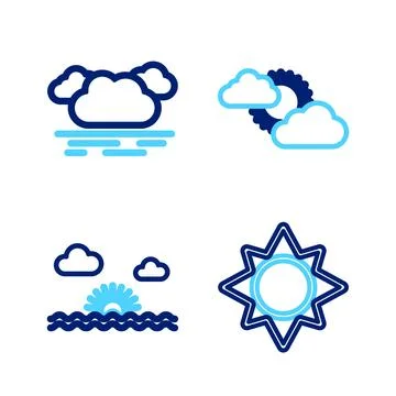 Set line Sun, Sunset, and cloud weather and Cloud icon. Vector Stock Illustration