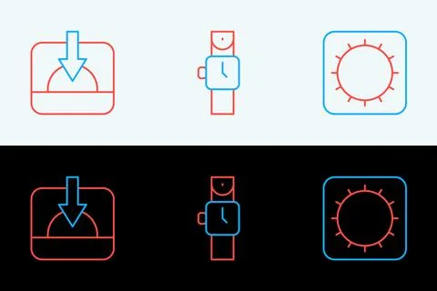Set line Sun, Sunset and Wrist watch icon. Vector Stock Illustration