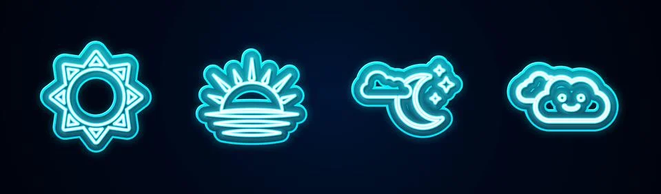 Set line Sun, Sunset, Cloud with moon and stars and . Glowing neon icon. Vector Stock Illustration