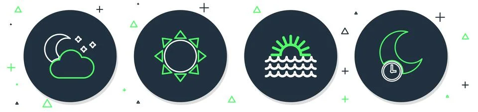 Set line Sun, Sunset, Cloud with moon and stars and Sleeping icon. Vector Ilustração Stock