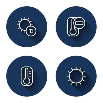 Set line Sun, Thermometer, and with long shadow. Blue circle button. Vector Illustrazione stock