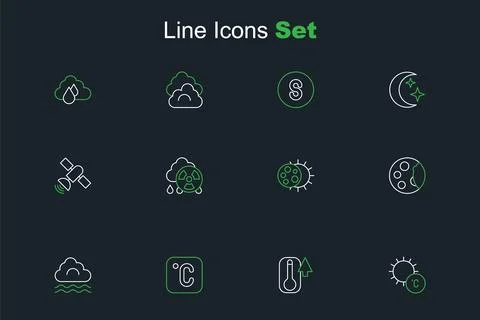 Set line Sun Thermometer Celsius Fog and cloud Moon phases Eclipse of the sun Ilustração Stock