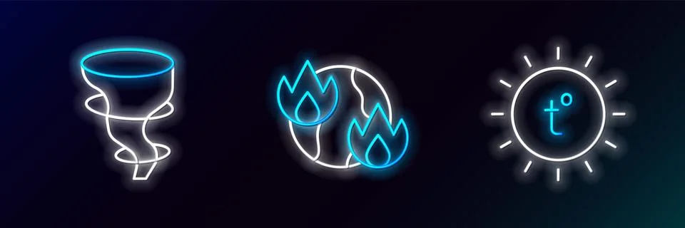 Set line Sun, Tornado and Global warming fire icon. Glowing neon. Vector Stock Illustration