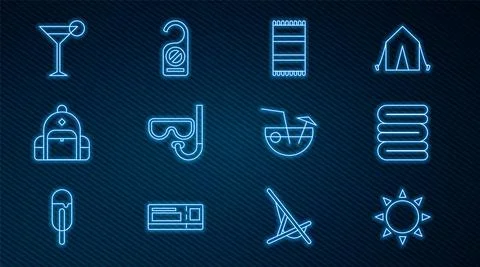 Set line Sun, Towel stack, Beach towel, Diving mask and snorkel, Hiking backpack Illustrazione stock