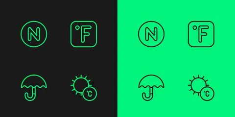 Set line Sun, Umbrella, Compass north and Fahrenheit icon. Vector Stock Illustration