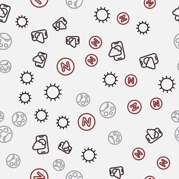 Set line Sun, Weather forecast app, Moon phases and Compass north on seamless Stock Illustration