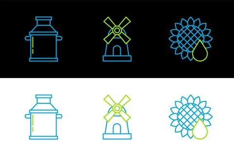 Set line Sunflower, Can container for milk and Windmill icon. Vector Illustration